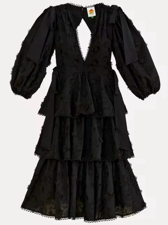 FARM Rio Dresses & Skirts - FARM RIO Black Flowers Textured Tiered Ruffle Midi-Dress Sz S Victorian Prairie